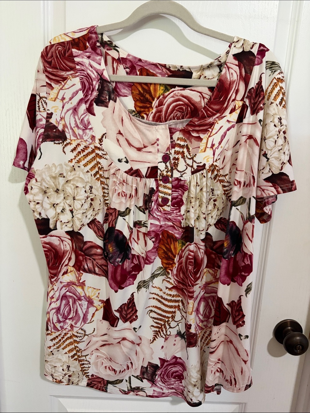 Women's Floral Short-Sleeve Peasant Top - Pink & Burgundy